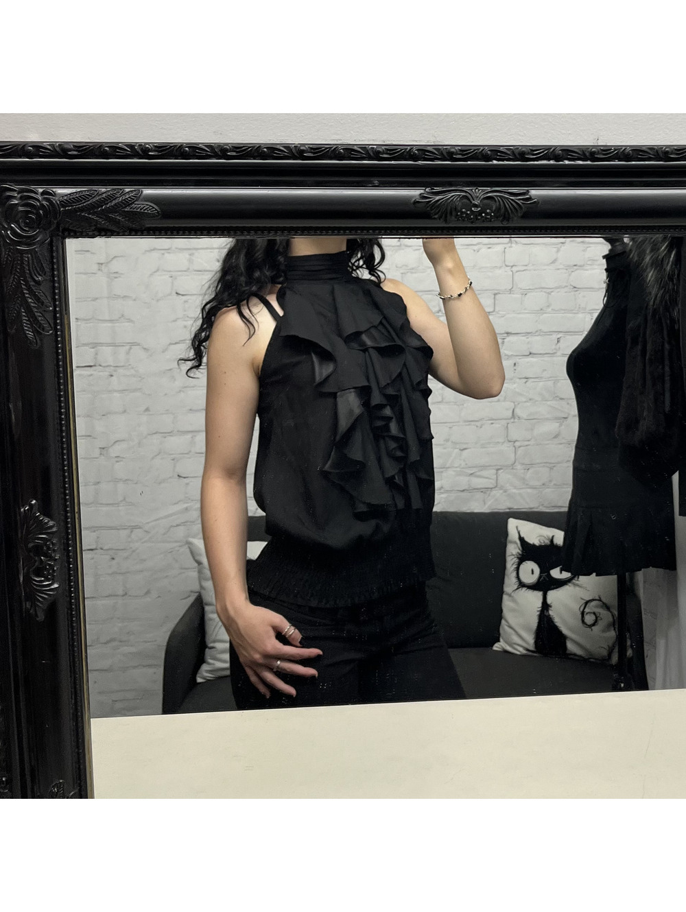 Vintage 100% Silk Black High Neck Top With Dramatic Ruffles Sz S Goth Evening - Picture 3 of 10